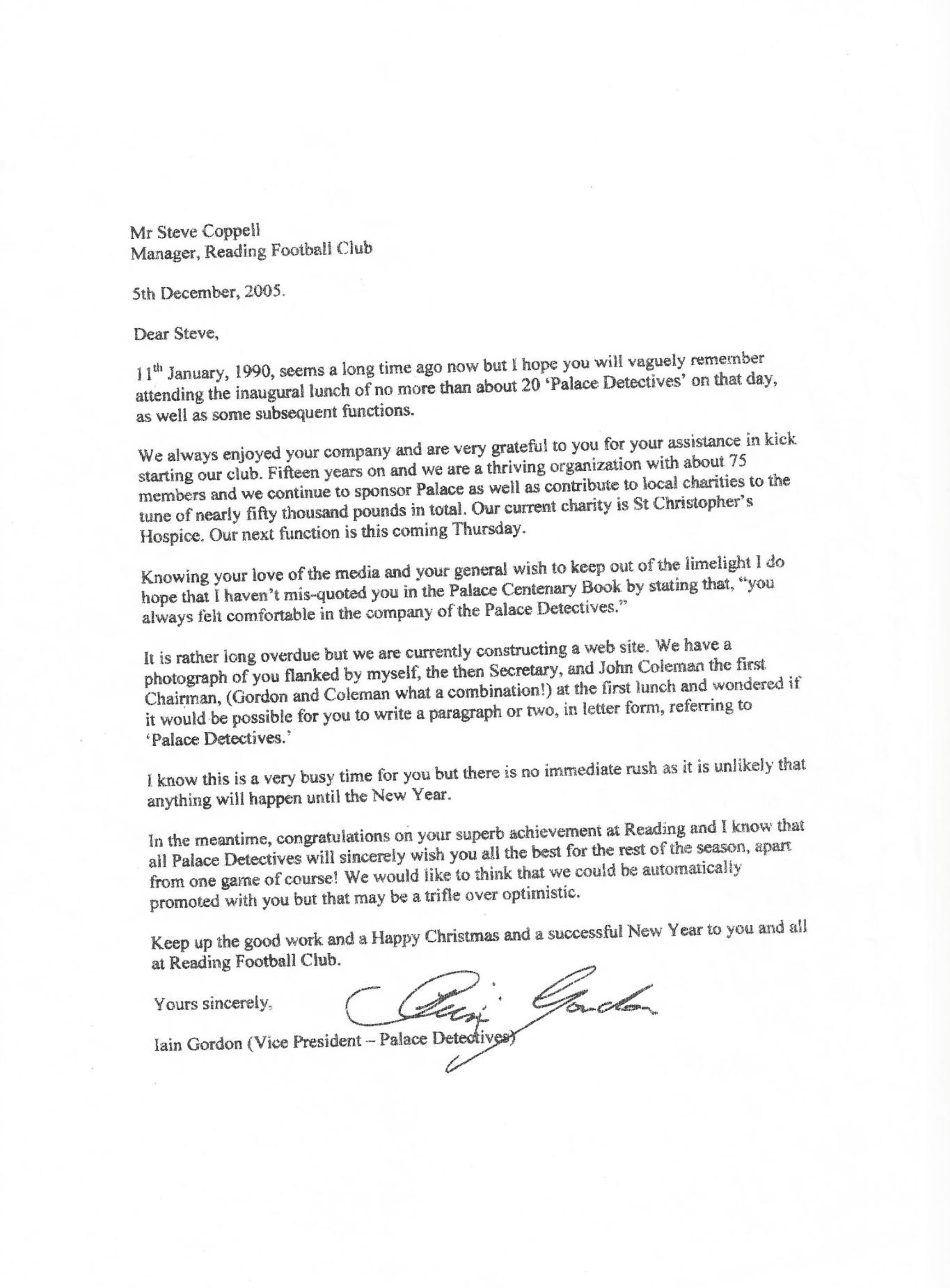 Letter to Steve Coppell 2005